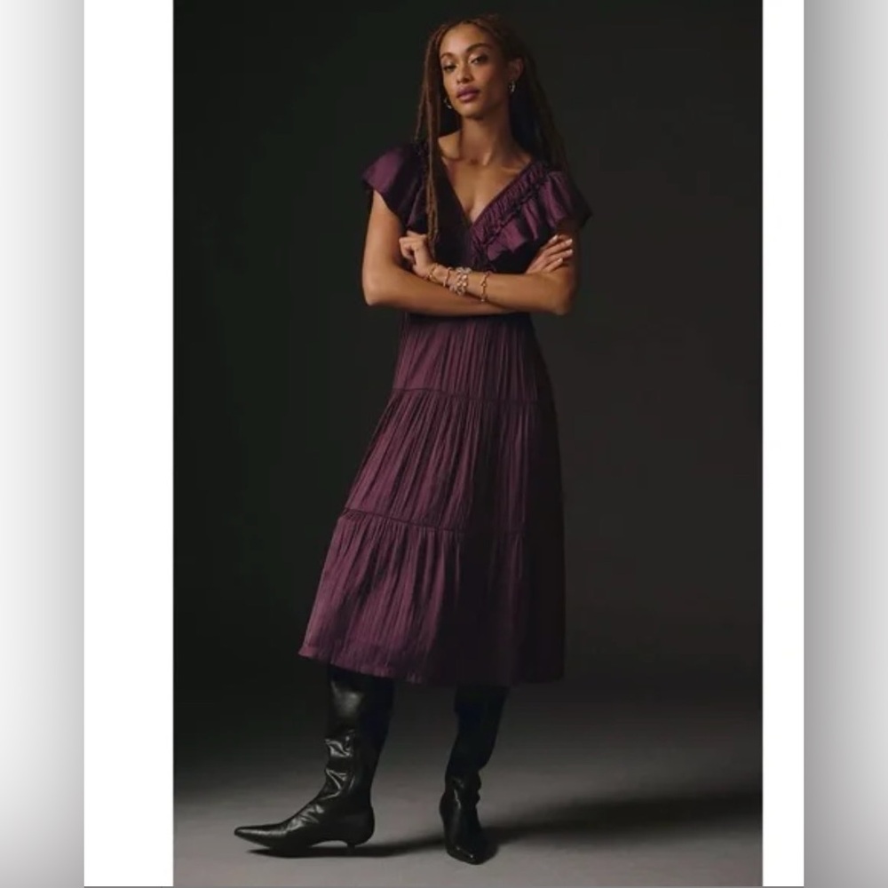 By Anthropologie Ruffled Tiered Midi Dress - Dark Purple